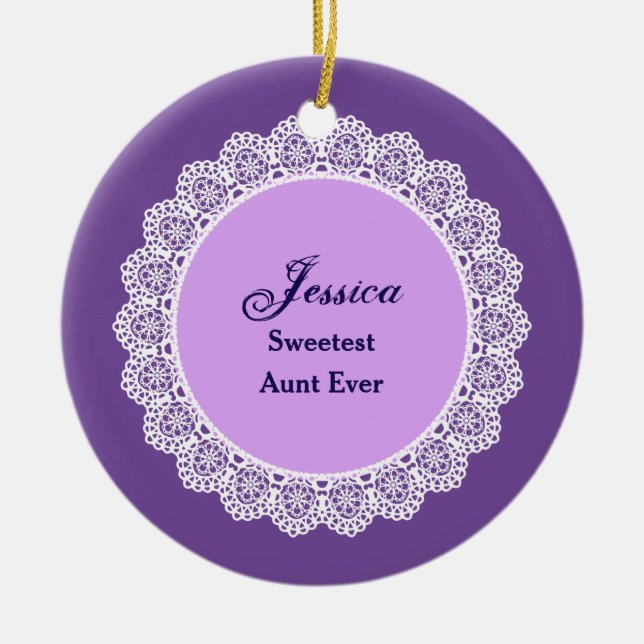 Sweetest AUNT Ever Custom Name Lace Gift Ceramic Tree Decoration (Front)