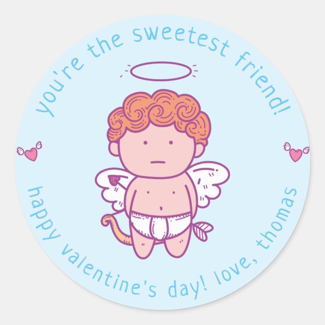 Sweetest Friend - Cute Cupid Kids Valentine  Class Classic Round Sticker (Front)