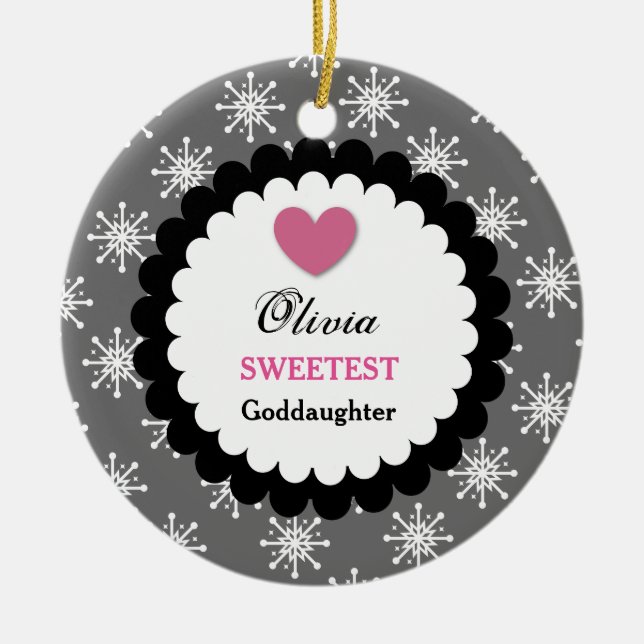 Sweetest Goddaughter Silver White Snowflakes S18Z Ceramic Tree Decoration (Front)