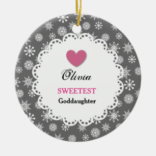 Sweetest Goddaughter Silver White Snowflakes S18Z Ceramic Tree Decoration