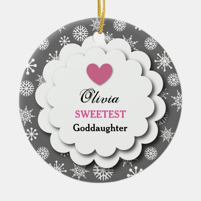 Sweetest Goddaughter Silver White Snowflakes S18Z Ceramic Tree Decoration (Front)