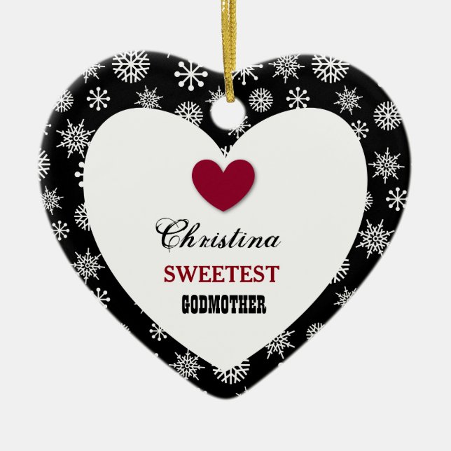 Sweetest Godmother Black White Snowflakes Q07A Ceramic Tree Decoration (Front)