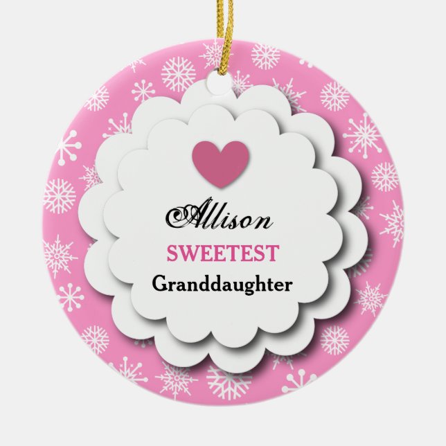 Sweetest Granddaughter Pink White Snowflakes C08 Ceramic Tree Decoration (Front)
