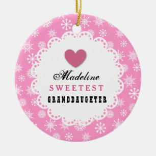 Sweetest Granddaughter Pink White Snowflakes C14 Ceramic Tree Decoration