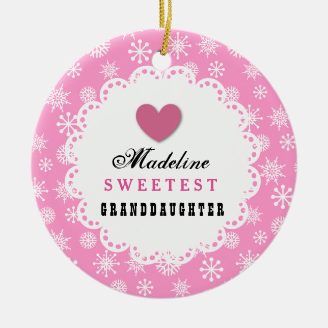 Sweetest Granddaughter Pink White Snowflakes C14 Ceramic Tree Decoration (Front)