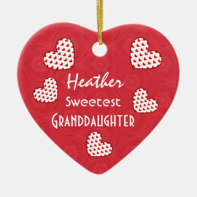 Sweetest GRANDDAUGHTER Red Hearts V05 Ceramic Tree Decoration (Front)