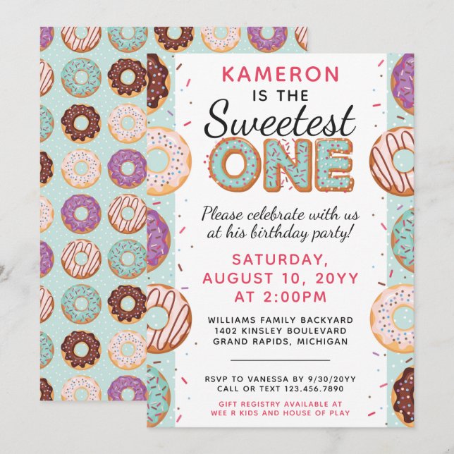 SWEETEST ONE Blue Iced Doughnuts Baby First Birthd Invitation (Front/Back)