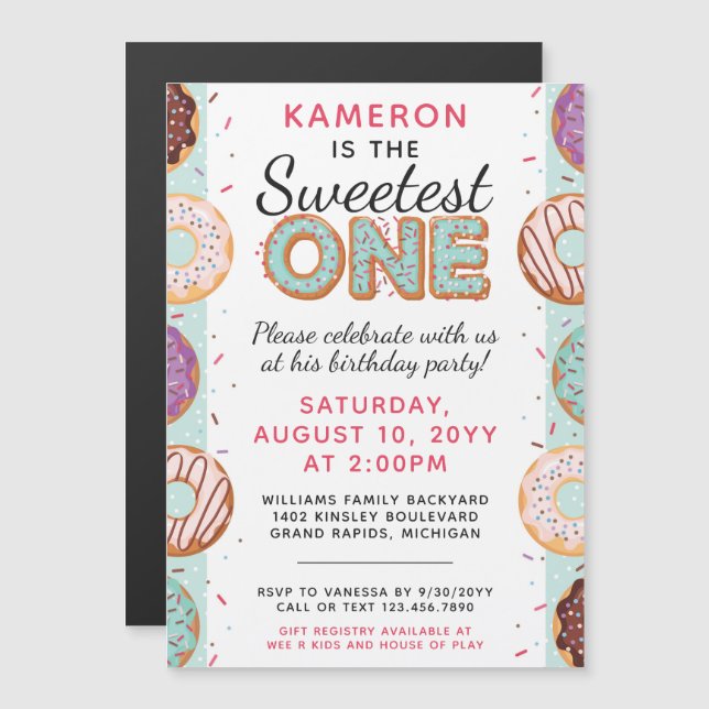 SWEETEST ONE Blue Iced Doughnuts Baby First Birthd Magnetic Invitation (Front/Back)