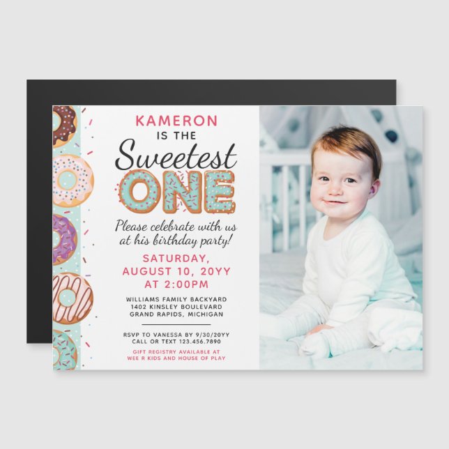 SWEETEST ONE Blue Iced Doughnuts First Birthday Ph Magnetic Invitation (Front/Back)