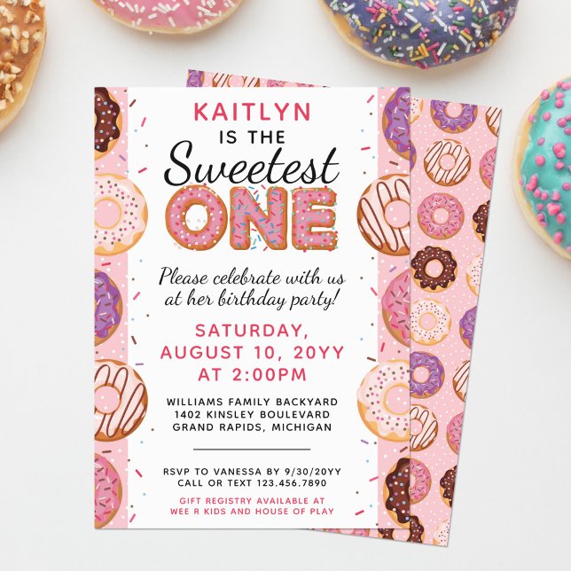 SWEETEST ONE Pink Iced Doughnuts Baby First Birthd Invitation (Creator Uploaded)