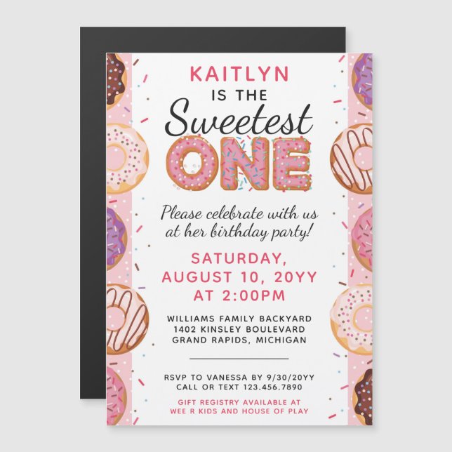 SWEETEST ONE Pink Iced Doughnuts Baby First Birthd Magnetic Invitation (Front/Back)