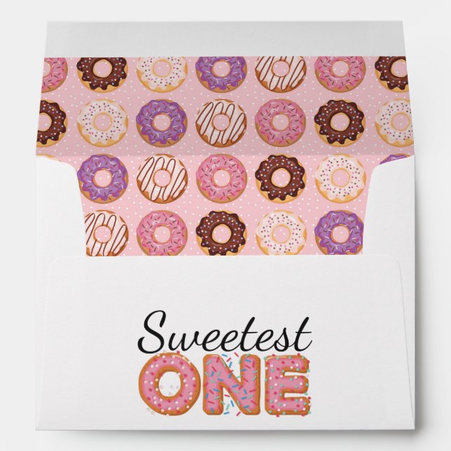 SWEETEST ONE Pink Iced Doughnuts First Birthday Pa Envelope (Back (Bottom))