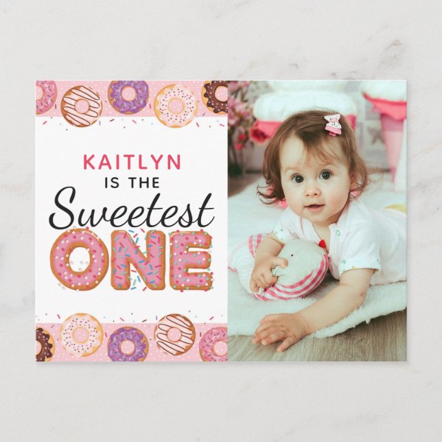 SWEETEST ONE Pink Iced Doughnuts First Birthday Ph Invitation Postcard (Front)