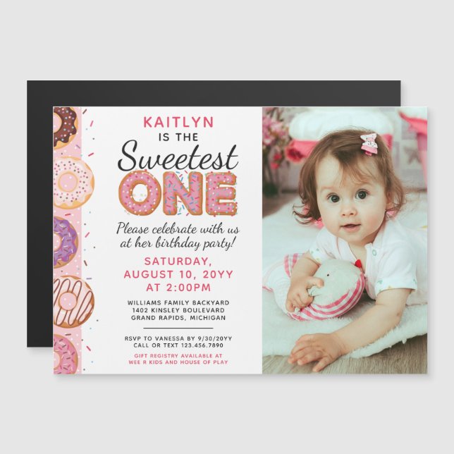 SWEETEST ONE Pink Iced Doughnuts First Birthday Ph Magnetic Invitation (Front/Back)