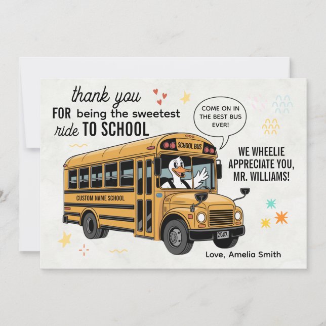 Sweetest Ride School Bus Driver Appreciation Thank You Card (Front)