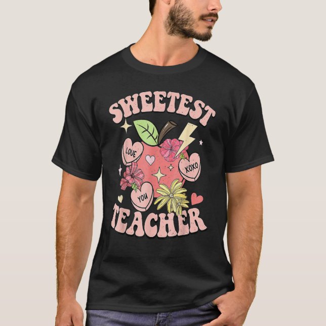 Sweetest Teacher Funny Valentines Day Retro Teache T-Shirt (Front)
