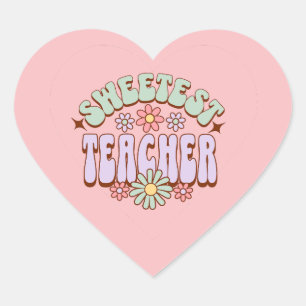 Sweetest Teacher Retro Flower Valentine Heart Sticker
