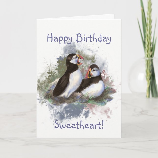 Sweetheart Birthday Watercolor Puffin Couple Card (Front)