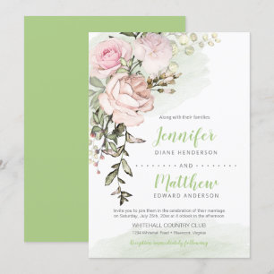 Sweetheart Blush Floral Drop on Green Wedding Invitation