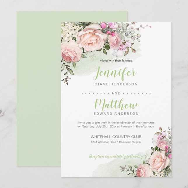 Sweetheart Blush | Green Background | Wedding Invitation (Front/Back)