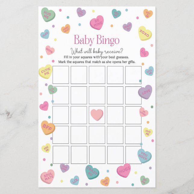 Sweetheart Candy Baby Bingo Baby Shower Game (Front)