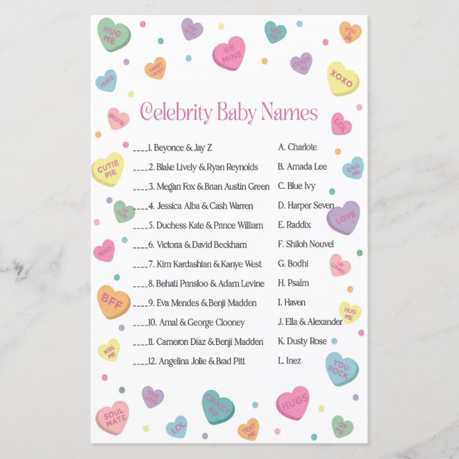 Sweetheart Candy Celebrity Names Baby Shower Game (Front)