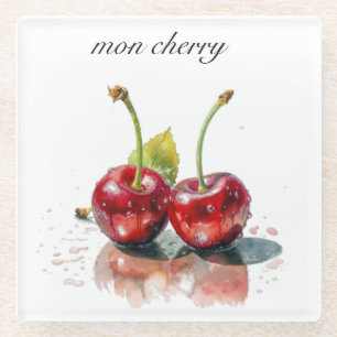 Sweetheart Cherries in Watercolor, custom Glass Coaster
