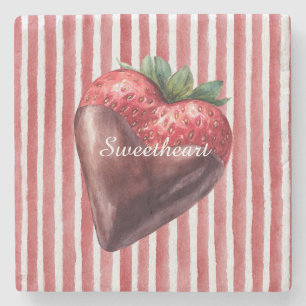 Sweetheart Chocolate Strawberry Red White Stripes Stone Coaster