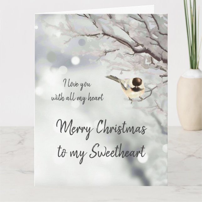 Sweetheart Christmas Love my Heart Chickadee Bird Card (Front)