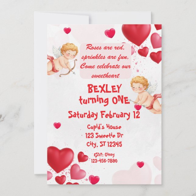 Sweetheart & Cupids 1st Birthday Invitation (Front)