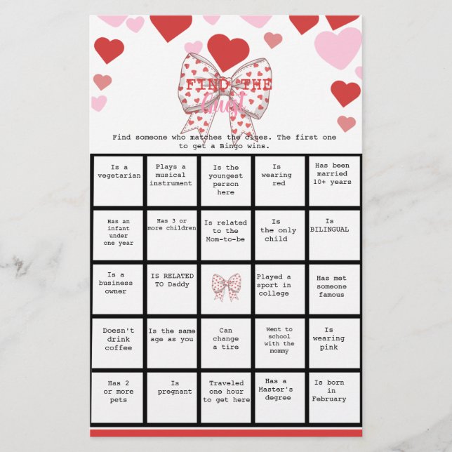Sweetheart Find the Guest Bingo Baby Shower Game  Flyer (Front)