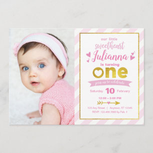Sweetheart Gold Pink Valentine 1st Birthday Invite