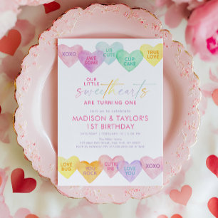 Sweetheart Pastel Rainbow Hearts Twin Birthday Invitation