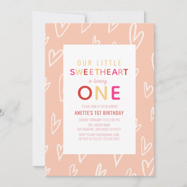 Sweetheart Pin Hearts Valentine's Day 1st Birthday Invitation (Front)