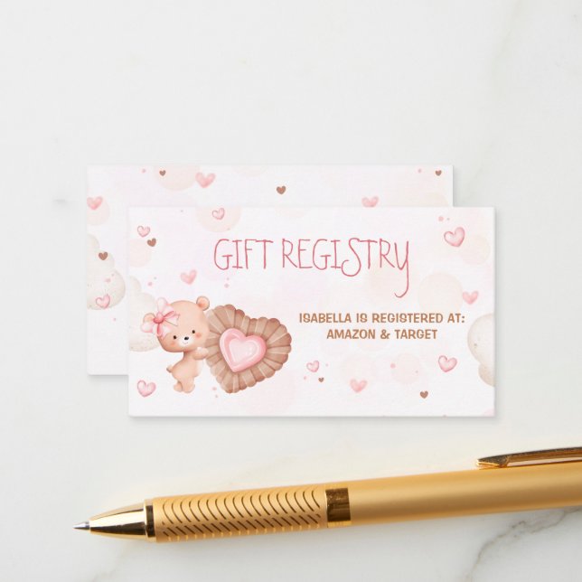 Sweetheart Pink Baby Shower Gift Registry Card (Front/Back In Situ)