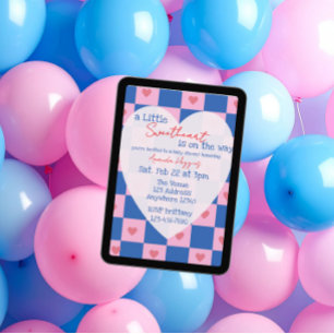 Sweetheart Pink Blue Checker Baby Shower Invitation