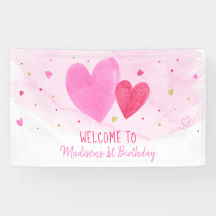 Sweetheart Pink Gold Hearts Birthday Banner