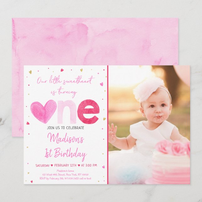 Sweetheart Pink Gold Hearts First Birthday Invitation (Front/Back)