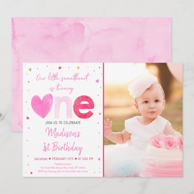 Sweetheart Pink Gold Hearts First Birthday Invitation (Front/Back)