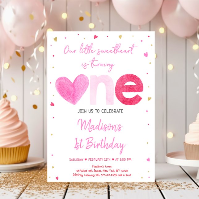 Sweetheart Pink Gold Hearts First Birthday Invitation (Creator Uploaded)
