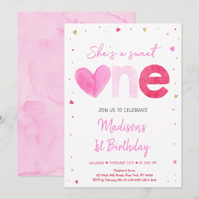 Sweetheart Pink Gold Hearts First Birthday Invitation (Front/Back)