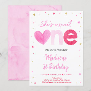 Sweetheart Pink Gold Hearts First Birthday Invitation