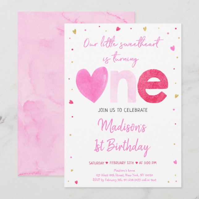 Sweetheart Pink Gold Hearts First Birthday Invitation (Front/Back)