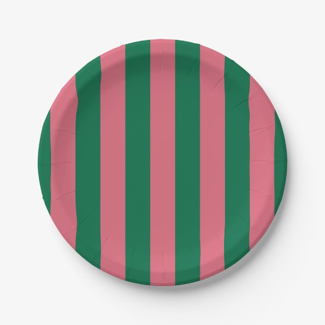 Sweetheart Pink Pickle Green Stripe Paper Plate (Front)