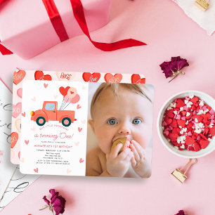 Sweetheart Pink Truck Photo Girl 1st Birthday Invitation