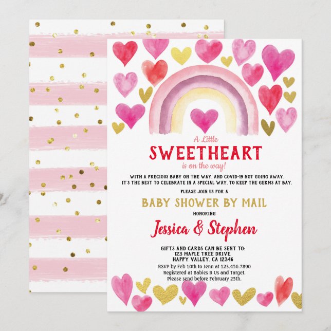 Sweetheart Rainbow Baby Shower By Mail Watercolor Invitation (Front/Back)