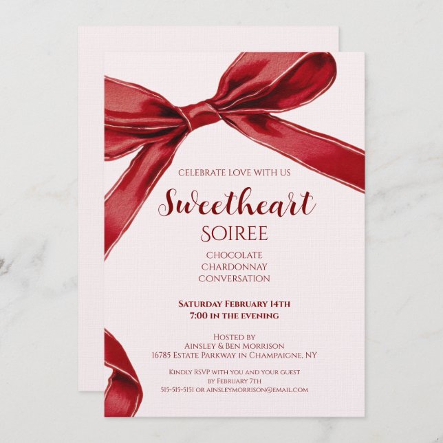Sweetheart Soiree Elegant Bow Valentines Day Party Invitation (Front/Back)
