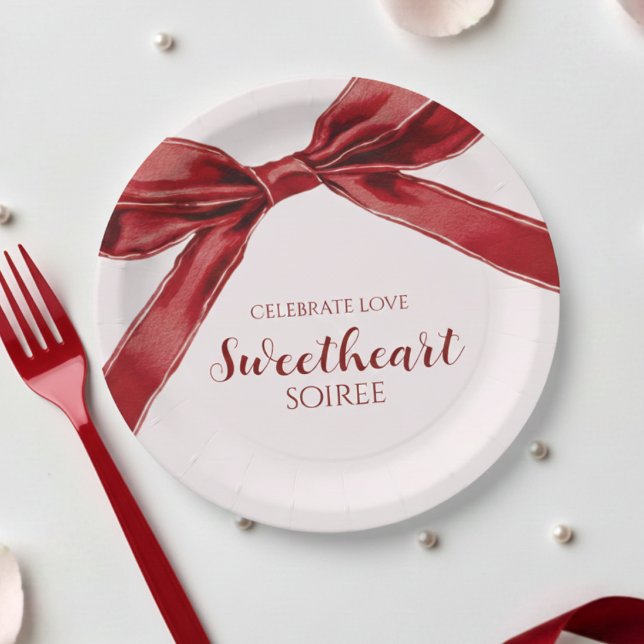 Sweetheart Soiree Elegant Bow Valentines Day Party Paper Plate (Creator Uploaded)