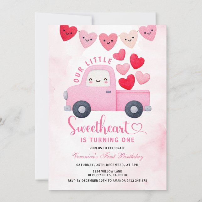 Sweetheart Valentine 1st Birthday Truck Balloon  Invitation (Front)