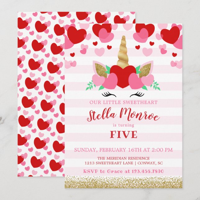 Sweetheart Valentine Unicorn Birthday Invitation (Front/Back)